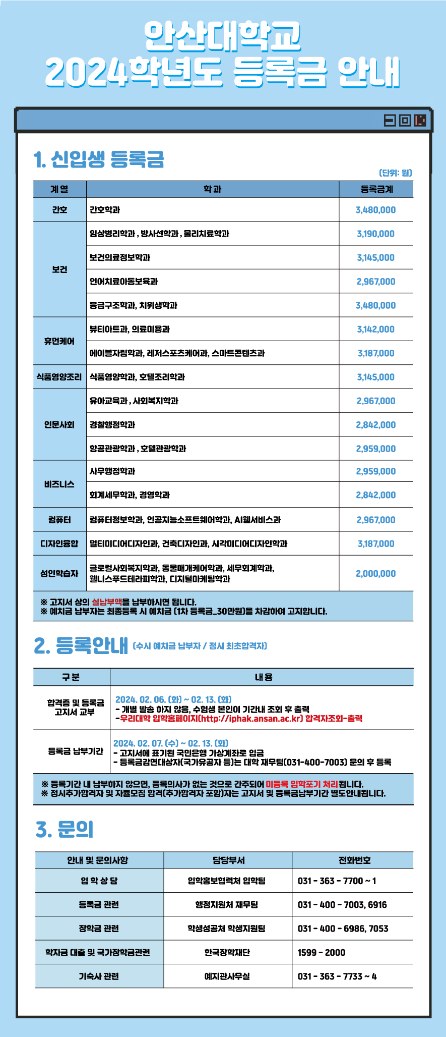 안산대학교 2024학년도 등록금안내의 자세한 내용은 아래 설명글 참조